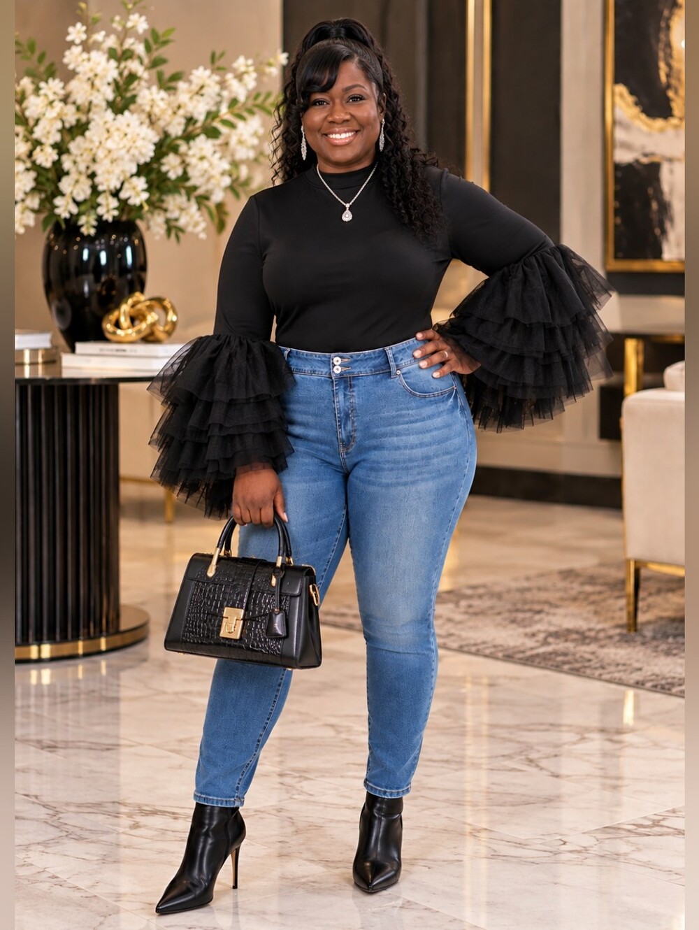 NWT Ashley Stewart Black Tiered Tulle Bell Sleeve Top Plus Size 18/20